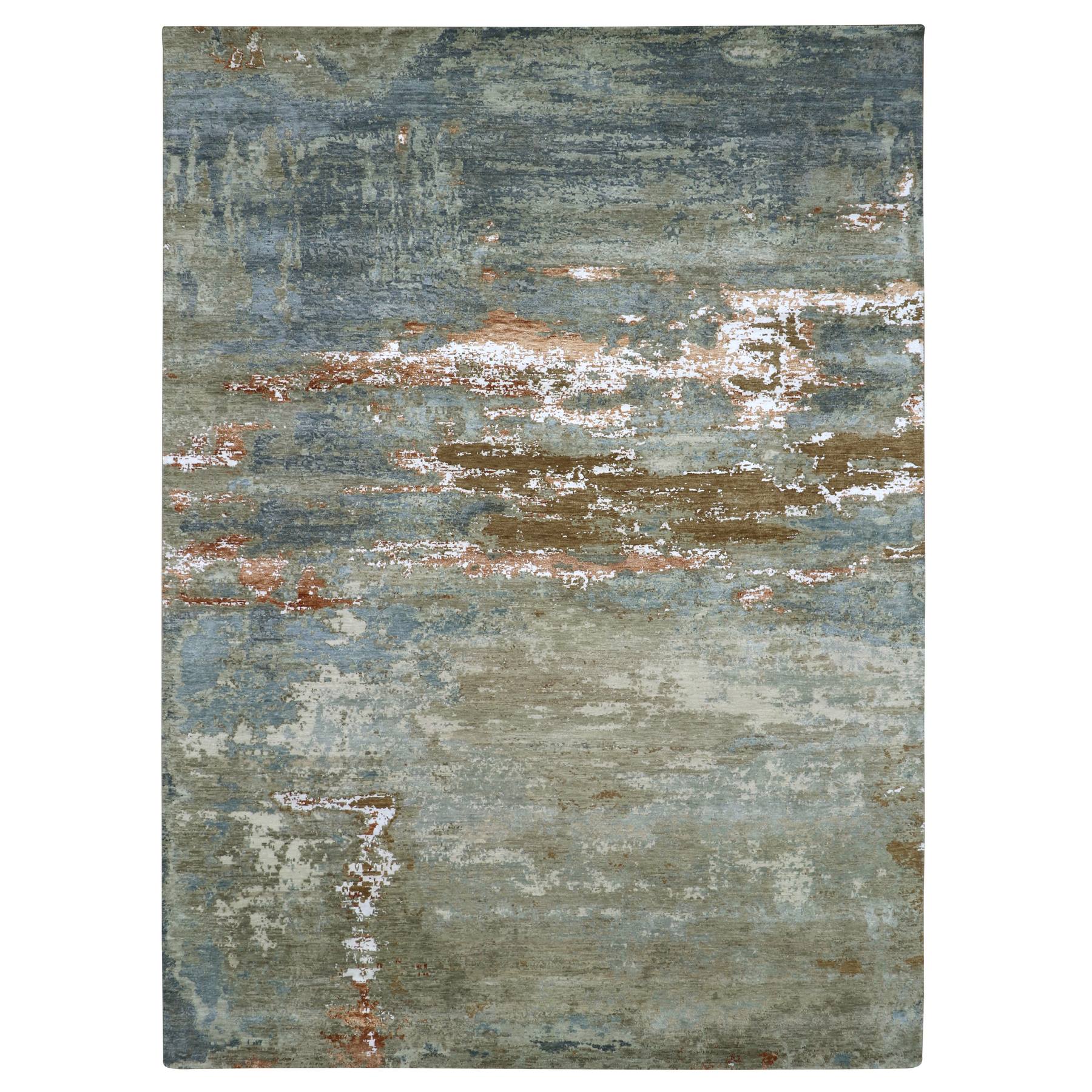 Sage Green with Gray, 100% Wool, Persian Knot, Abstract with Galaxy Design, Hand Knotted, Densely Woven, Oriental Rug